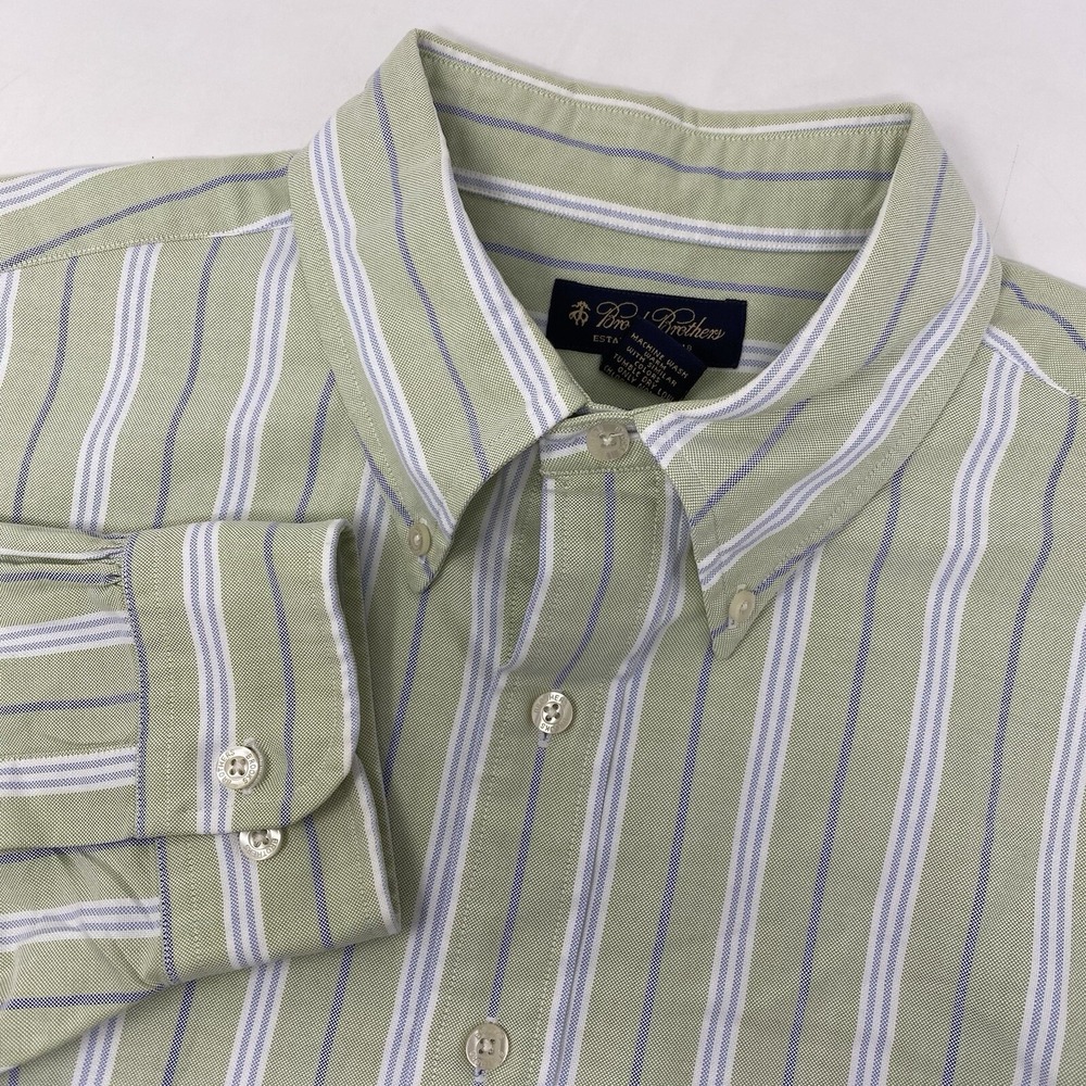 Brooks Brothers Button Down Shirt Mens XL Green Striped Supima Cotton Oxford